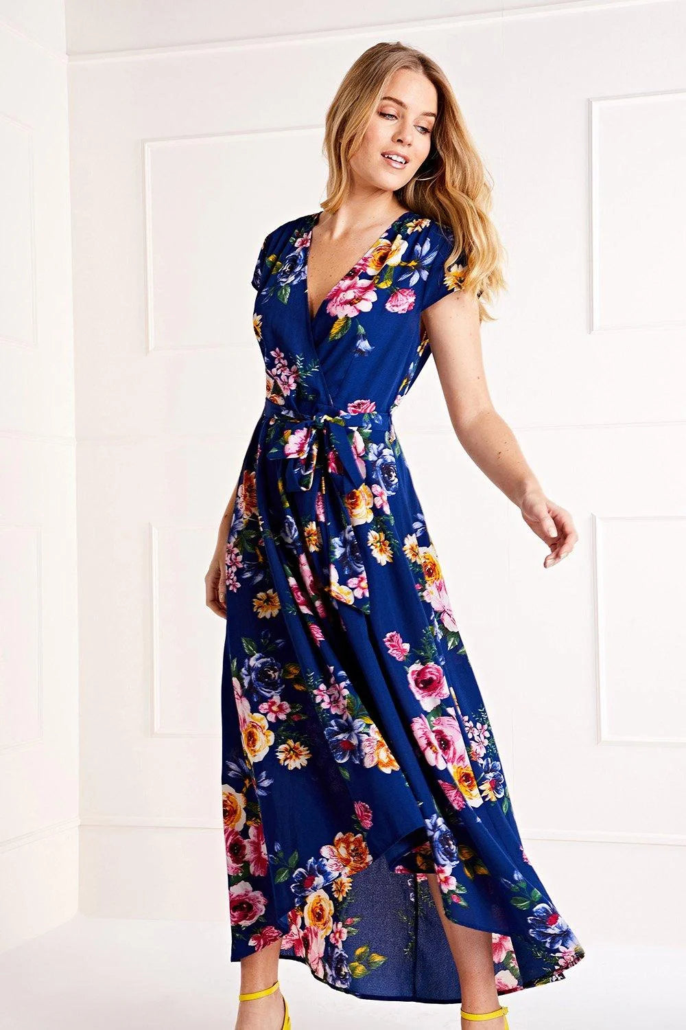 Blue Floral Wrap Over Dipped Hem Midi Dress