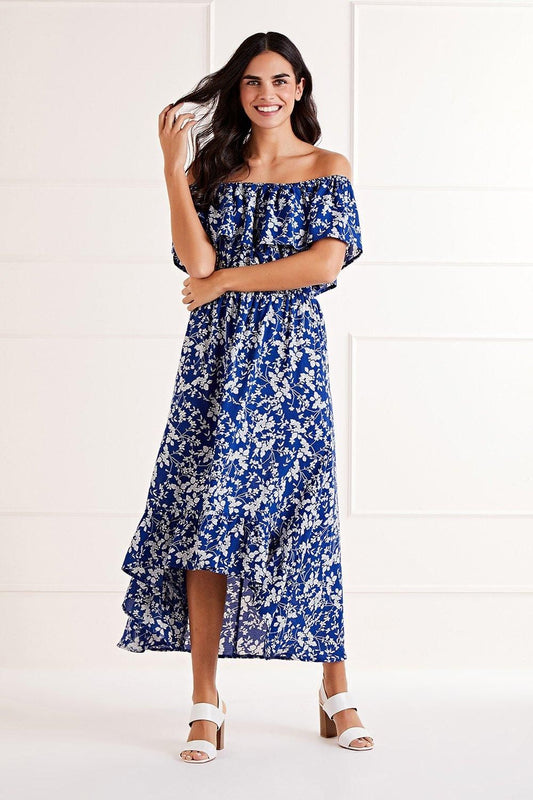 Blue Ditsy Print Bardot Dipped Hem Dress