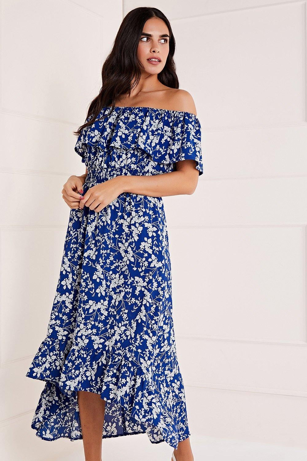 Blue Ditsy Print Bardot Dipped Hem Dress