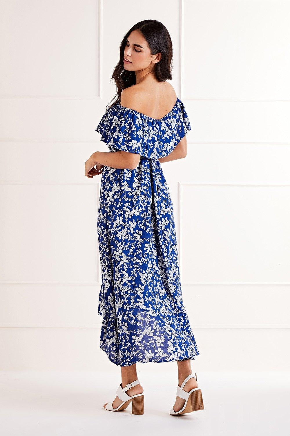 Blue Ditsy Print Bardot Dipped Hem Dress