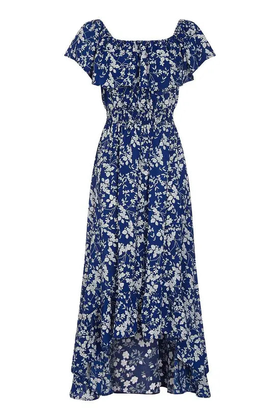 Blue Ditsy Print Bardot Dipped Hem Dress