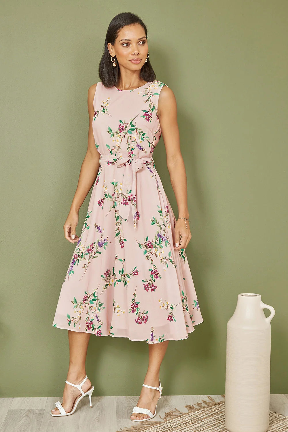 Blush Floral Print Midi Skater Dress