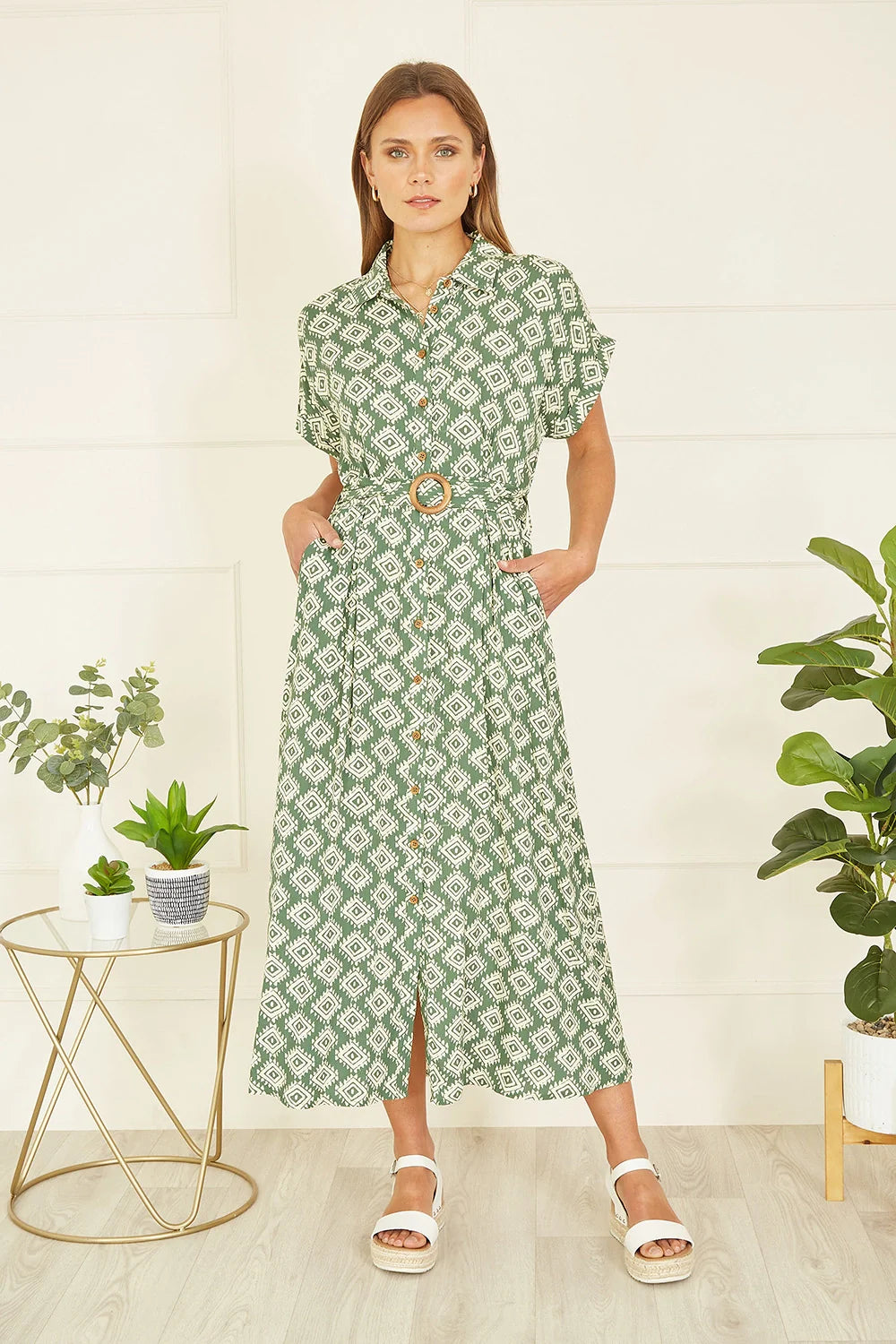 Green Viscose Midi Shirt Dress With Matching Belt