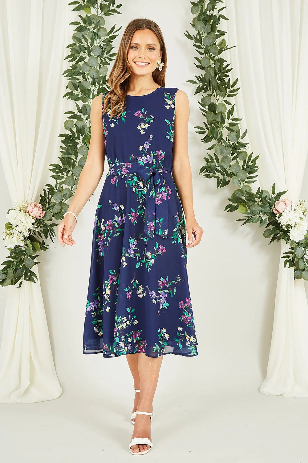 Navy Floral Print Midi Skater Dress