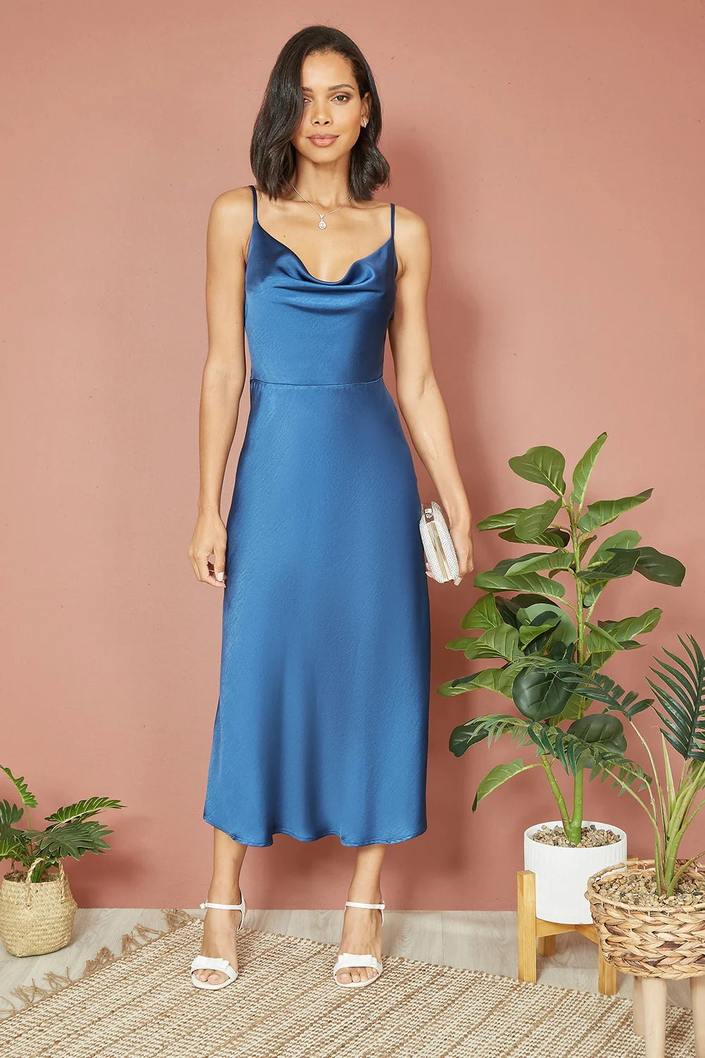 Navy Satin Cowl Neck Midi Slip Dress
