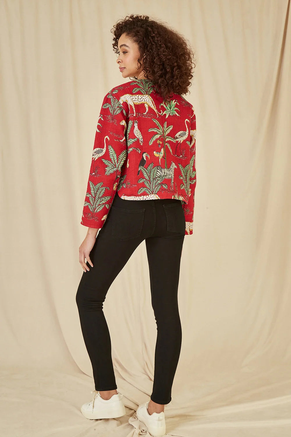 Red Animal Print Reversible Cotton Cropped Quilted Jacket