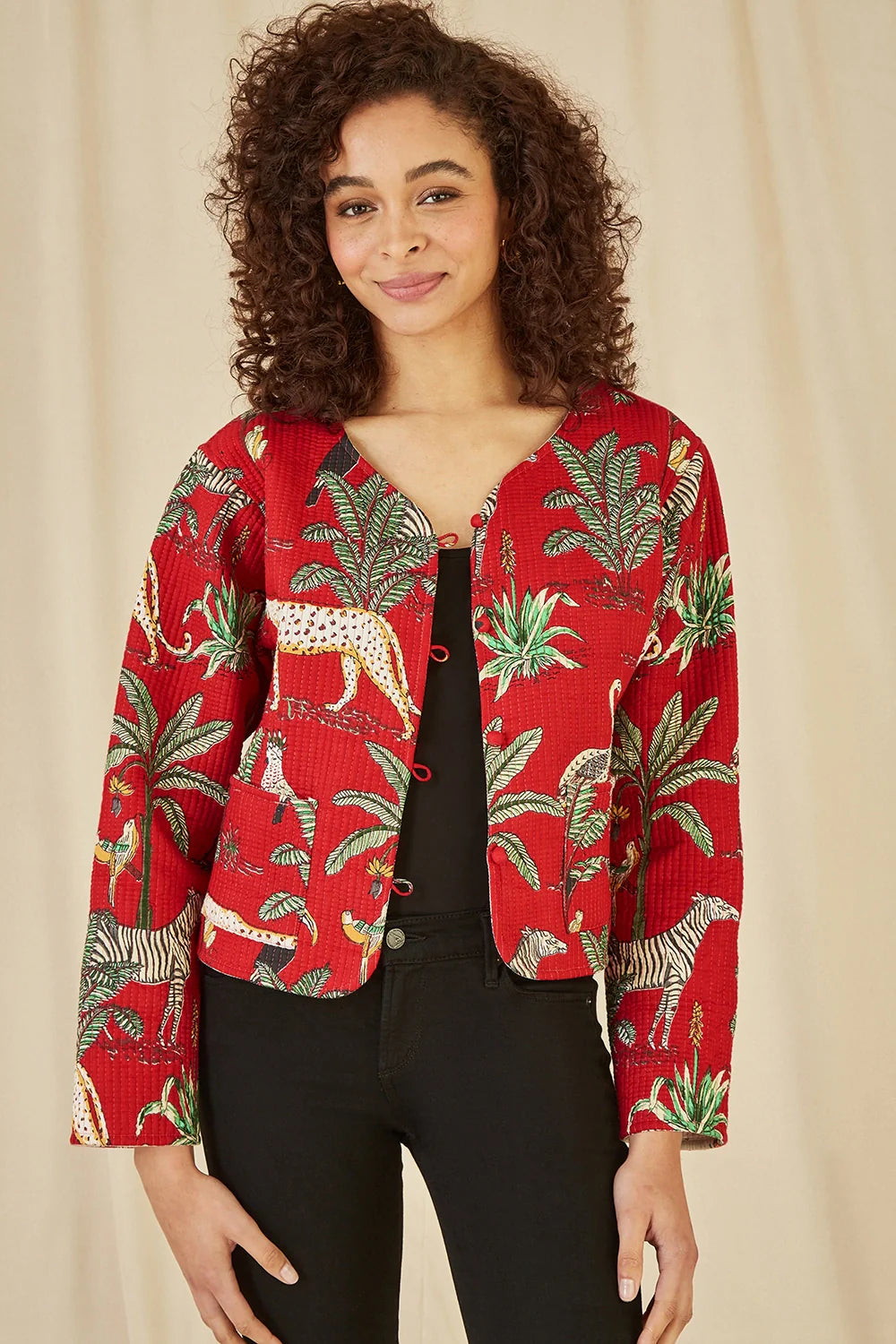 Red Animal Print Reversible Cotton Cropped Quilted Jacket