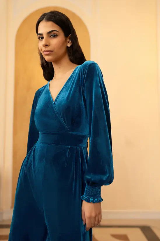 Teal Velvet Wrap Jumpsuit