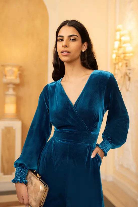 Teal Velvet Wrap Jumpsuit
