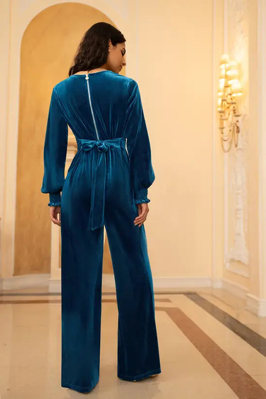Teal Velvet Wrap Jumpsuit