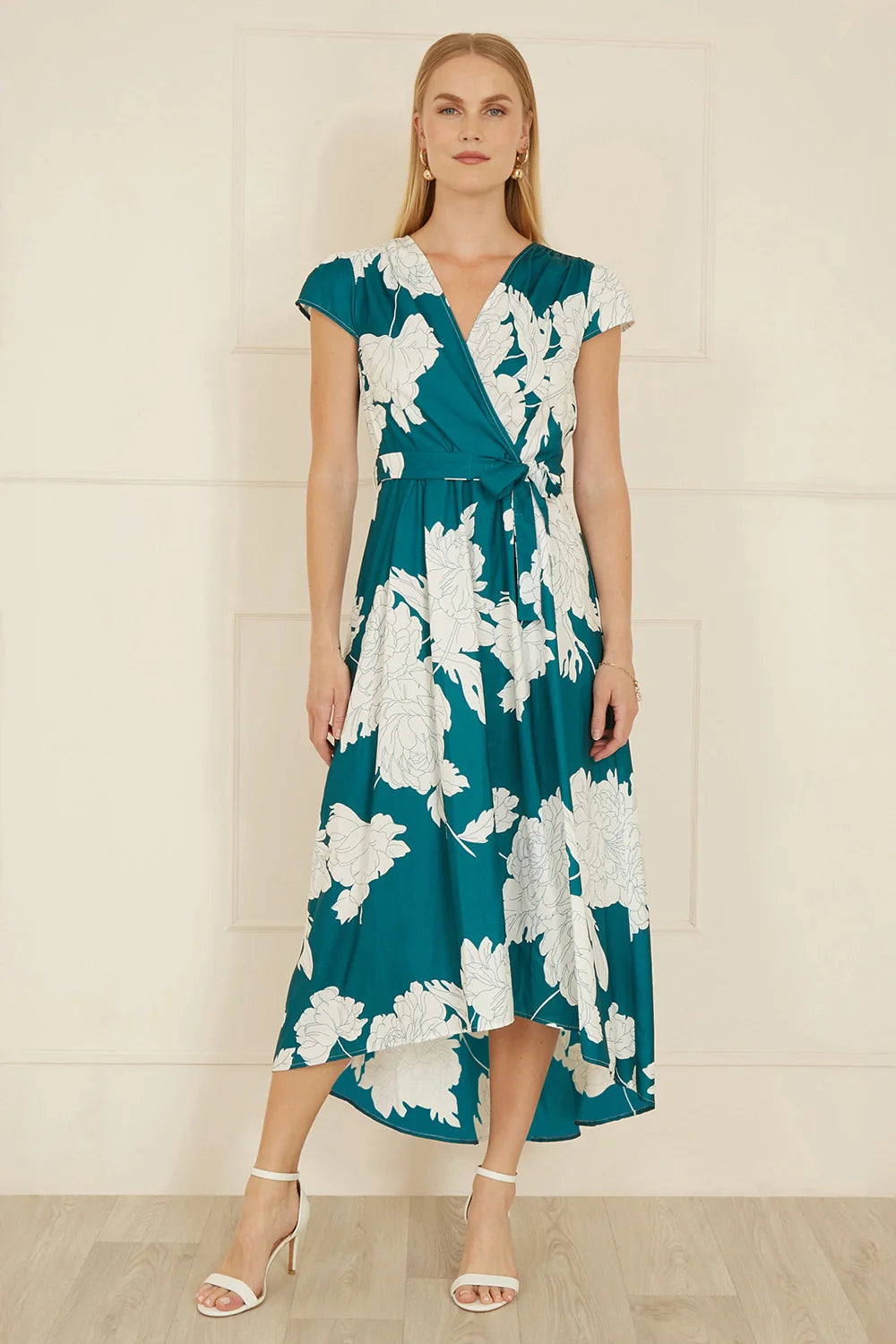 Green Blossom Print Wrap Midi With Dipped Hem