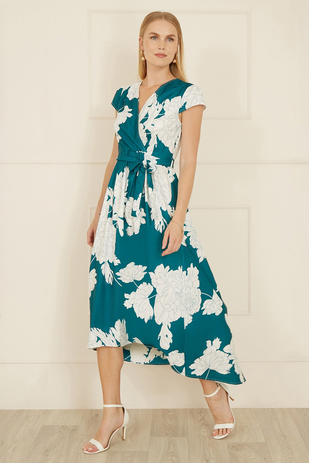 Green Blossom Print Wrap Midi With Dipped Hem