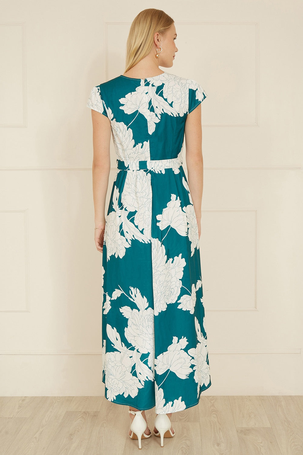 Green Blossom Print Wrap Midi With Dipped Hem