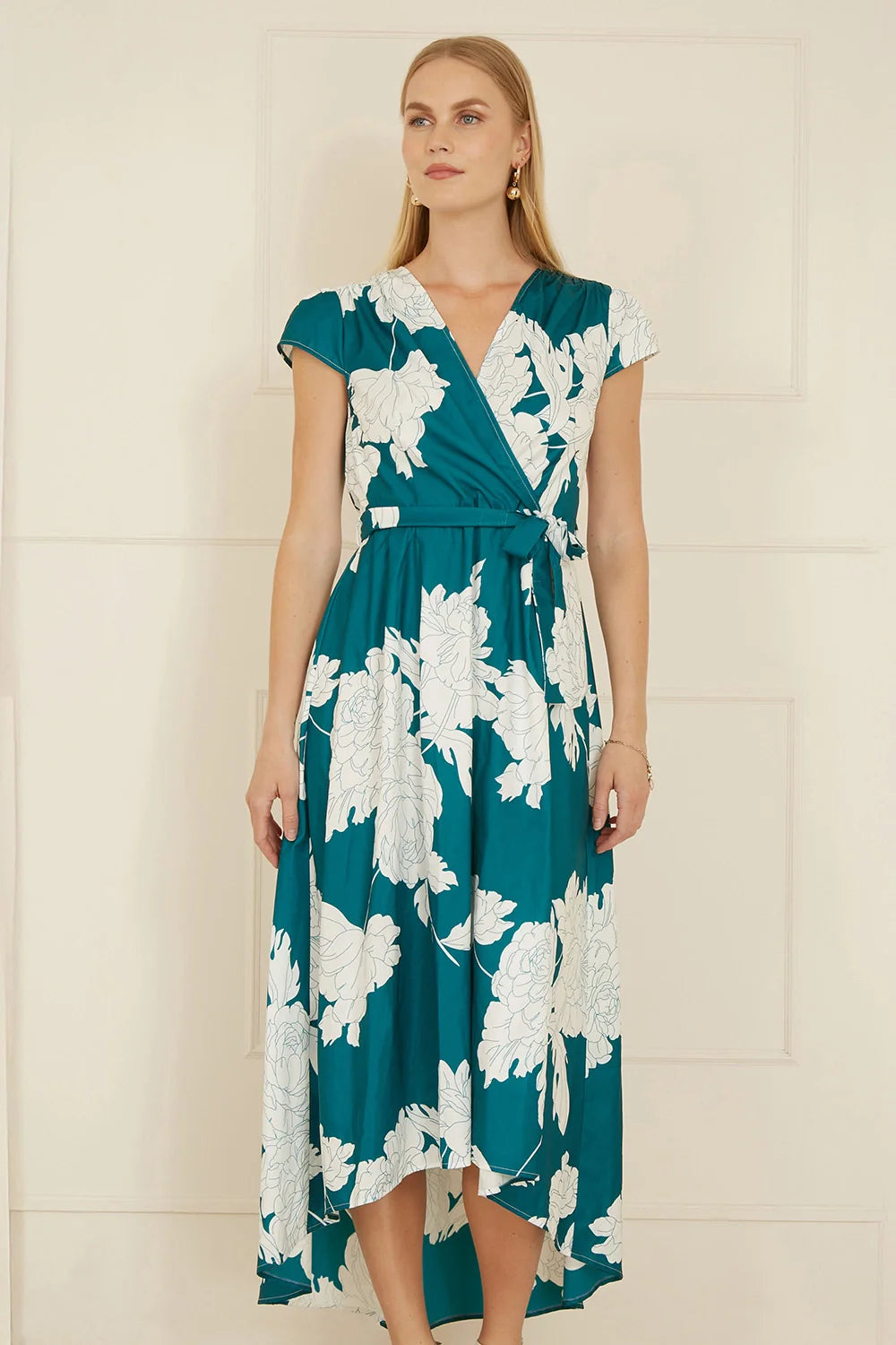 Green Blossom Print Wrap Midi With Dipped Hem