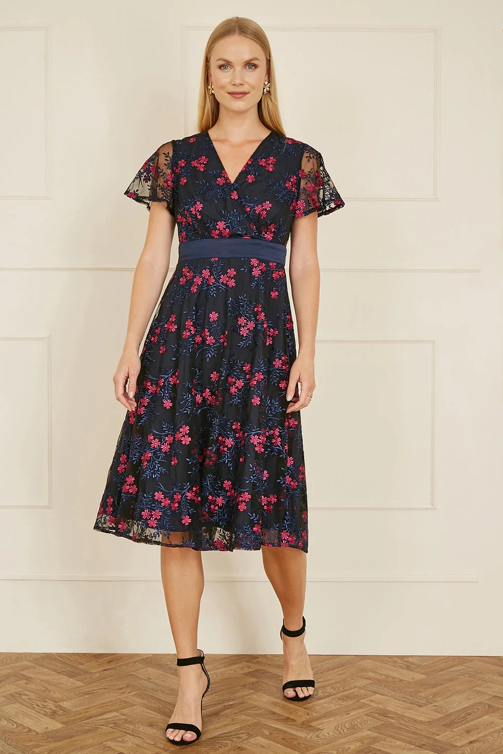 Navy Embroidered Floral Skater Dress