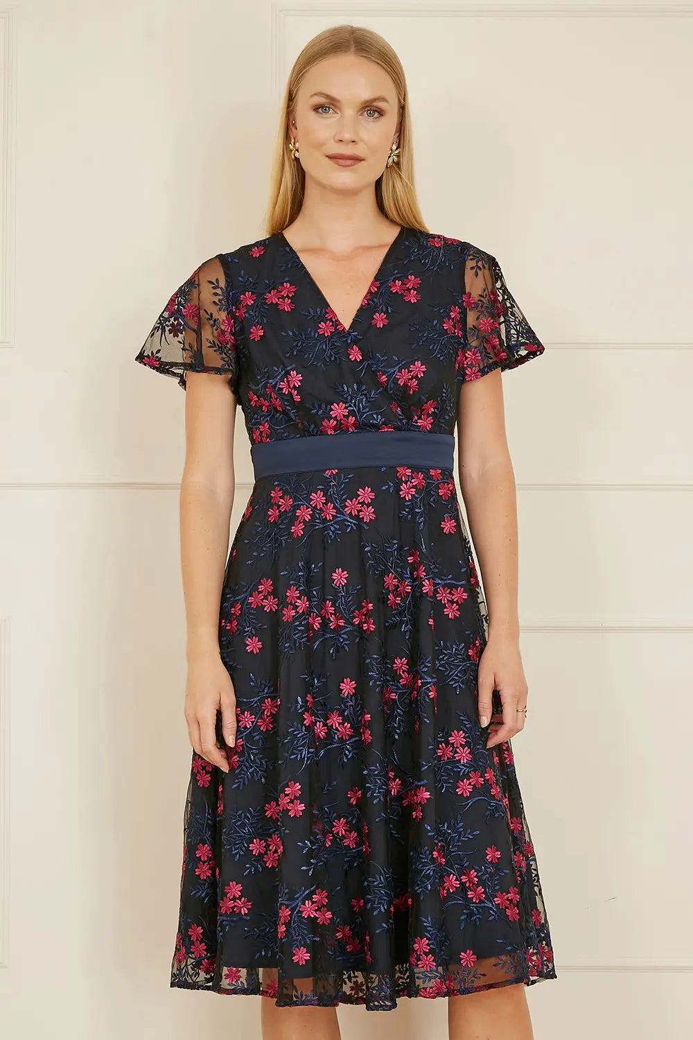 Navy Embroidered Floral Skater Dress
