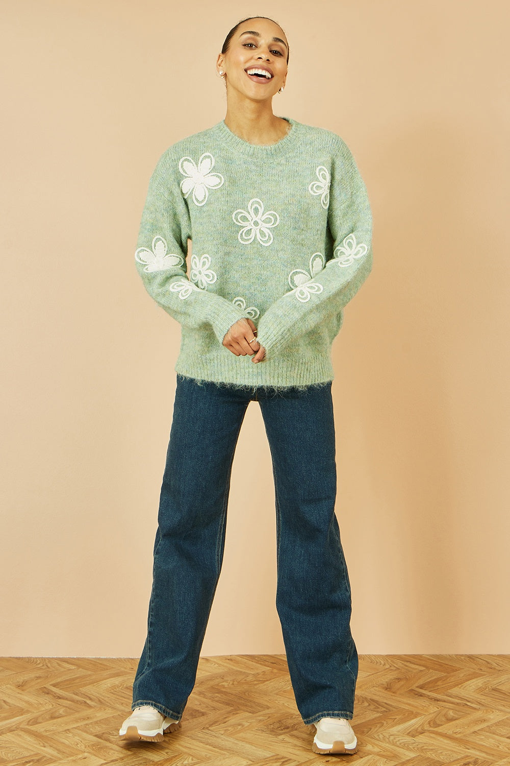 Green Relaxed Knitted Jumper With Crochet Flowers