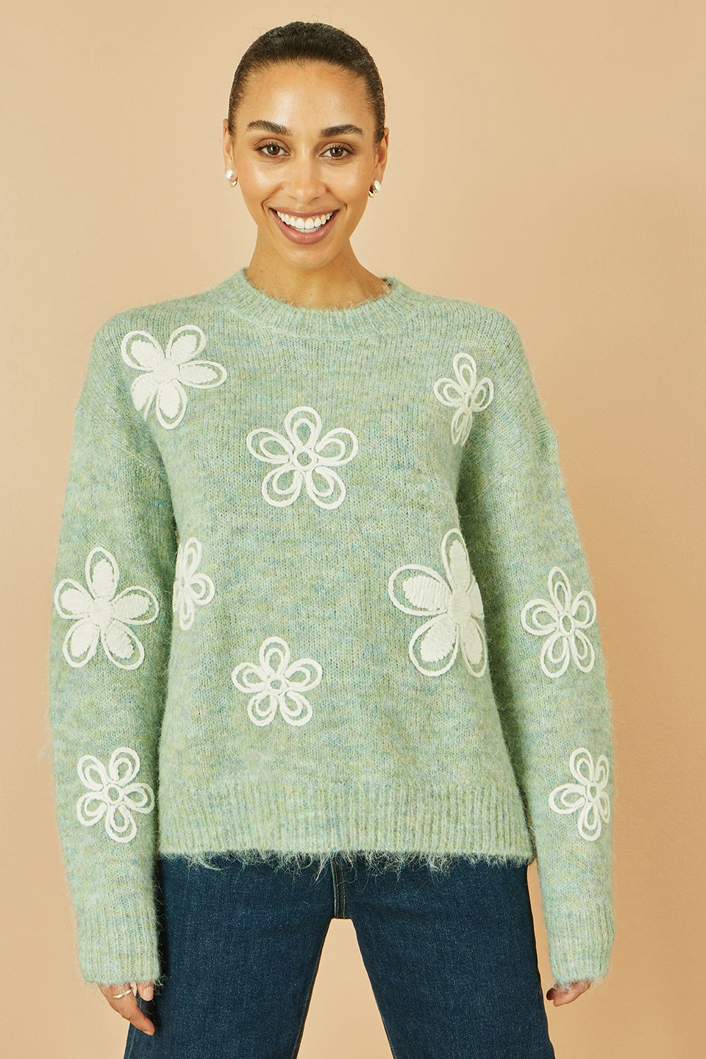 Green Relaxed Knitted Jumper With Crochet Flowers