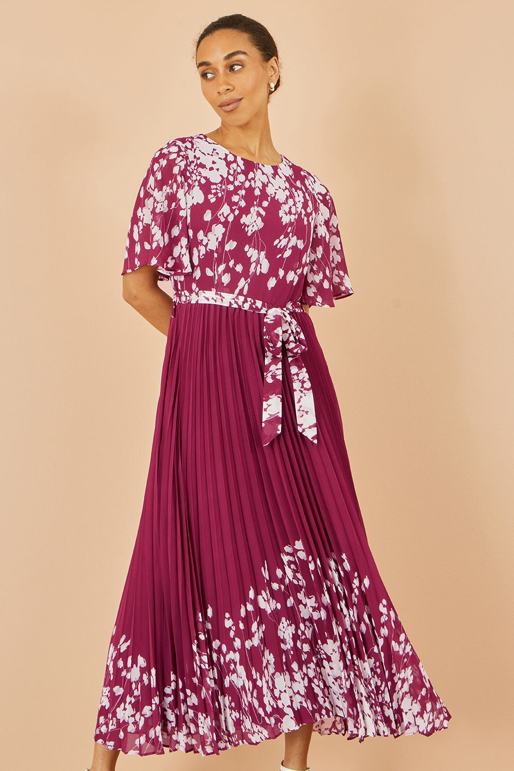 Burgundy Mirror Floral Design Pleated Midi Dress
