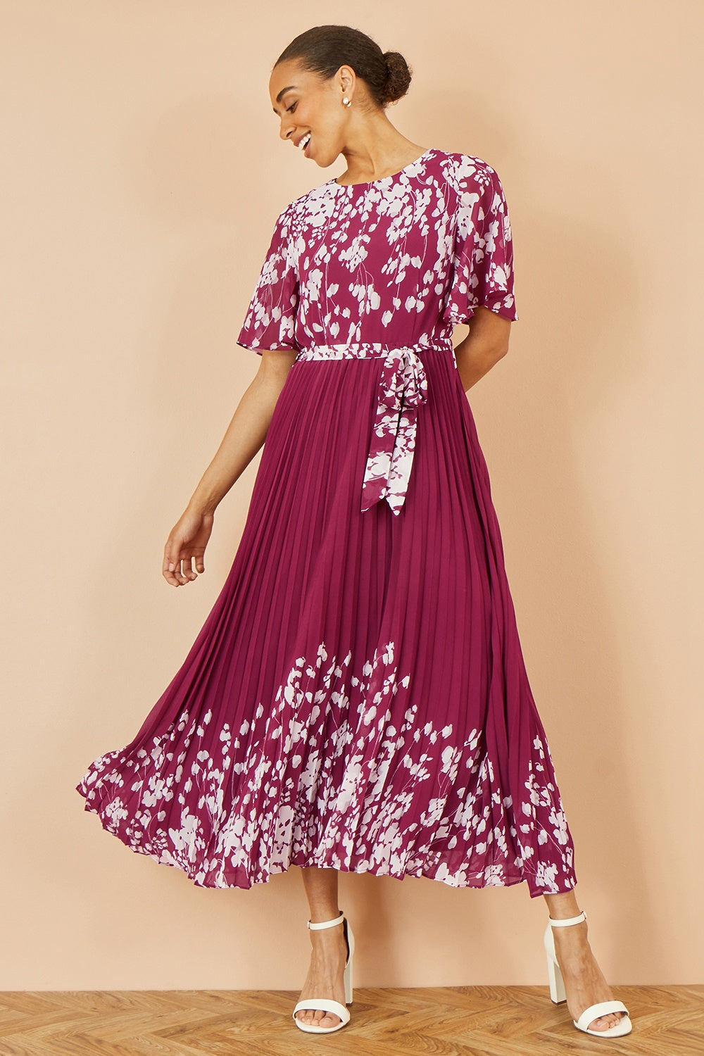 Burgundy Mirror Floral Design Pleated Midi Dress