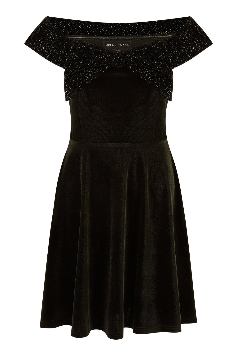 Black Velvet Skater Dress With Sparkle Bow Neckline - Size 8 to 16
