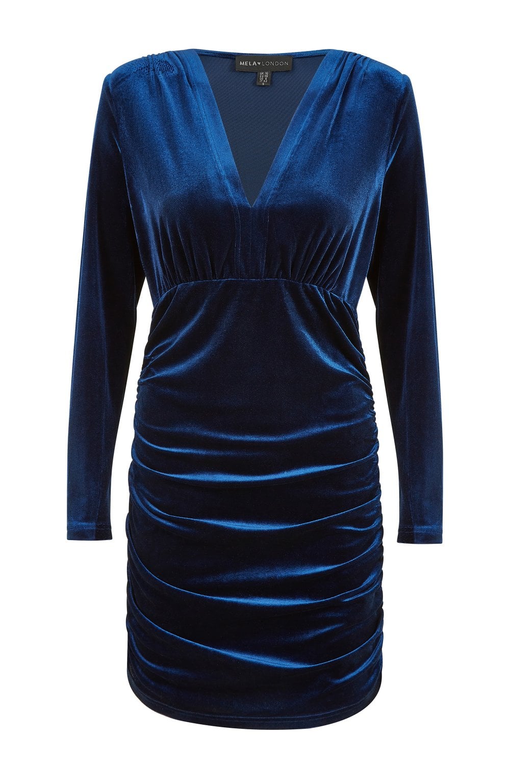 Blue Velvet Long Sleeve Ruched Fitted Dress - Sizes 8 to 16
