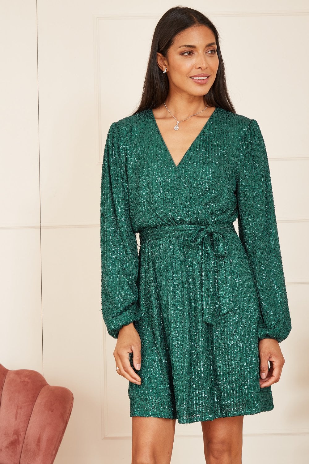 Green Sequin Belted Wrap Long Sleeve Dress - Sizes 8 to 18