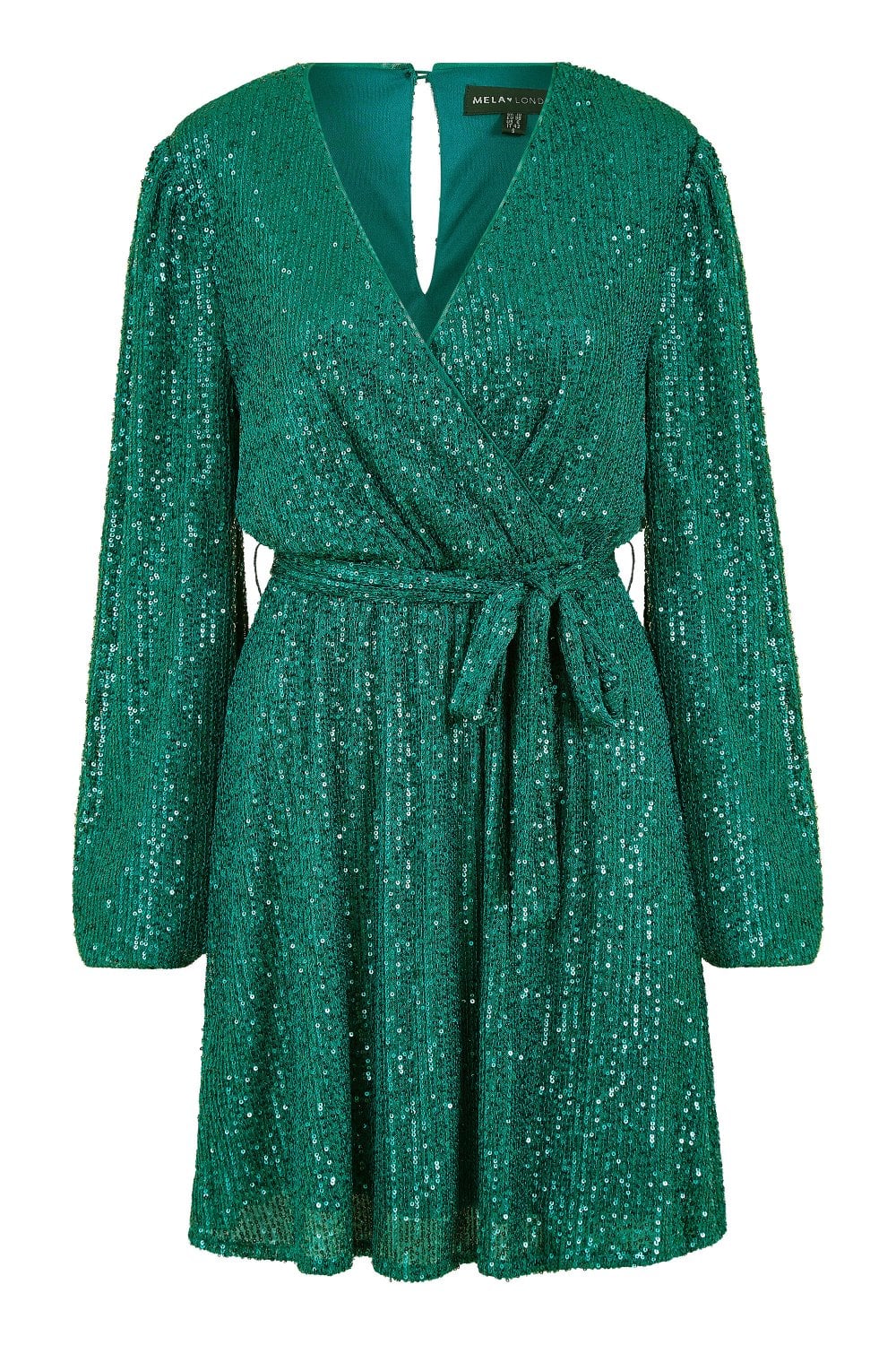 Green Sequin Belted Wrap Long Sleeve Dress - Sizes 8 to 18