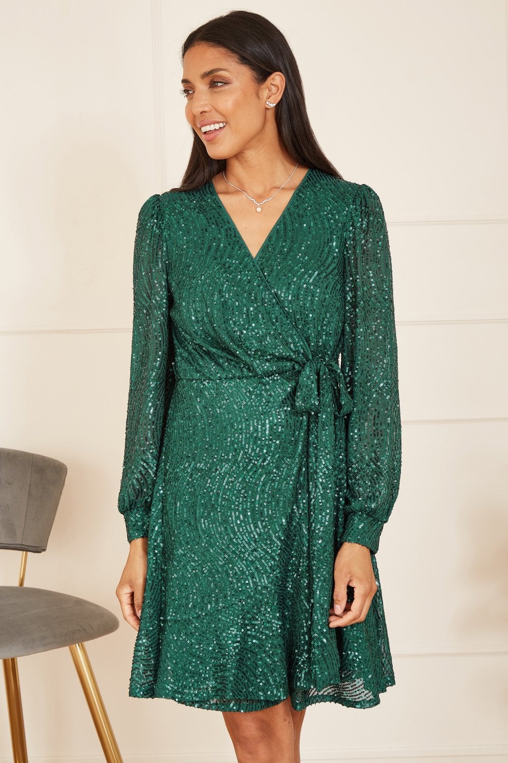 Green Sequin Long Sleeve Frill Wrap Dress - Sizes 8 to 16