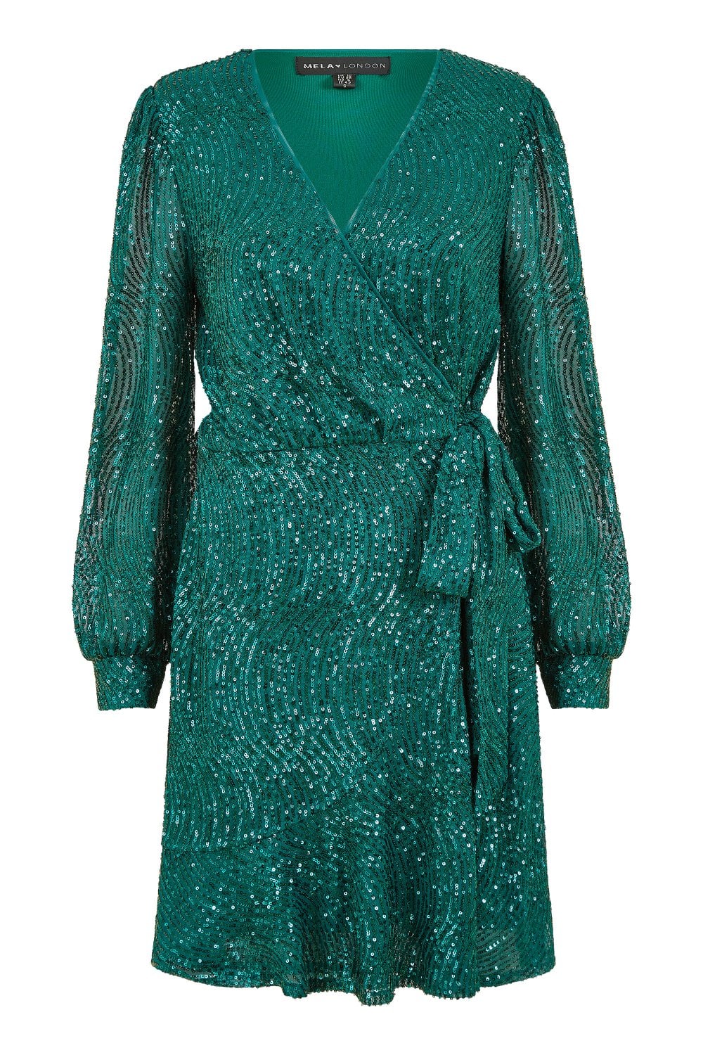 Green Sequin Long Sleeve Frill Wrap Dress - Sizes 8 to 16