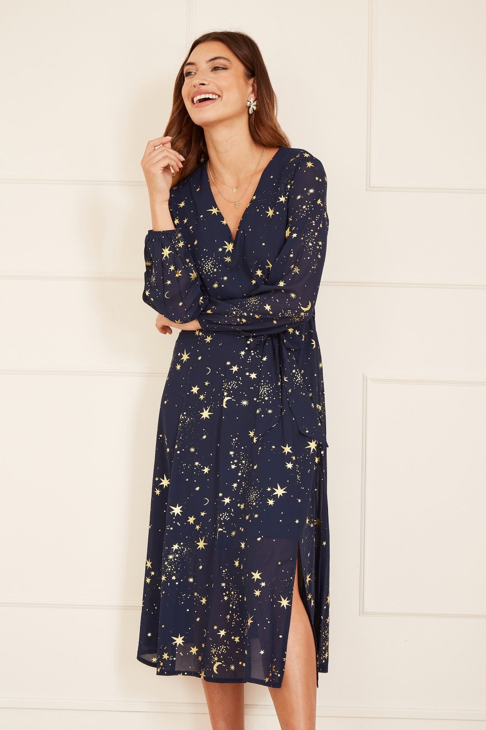 Navy Foil Star Print Long Sleeve Midi - Sizes 8 to 18