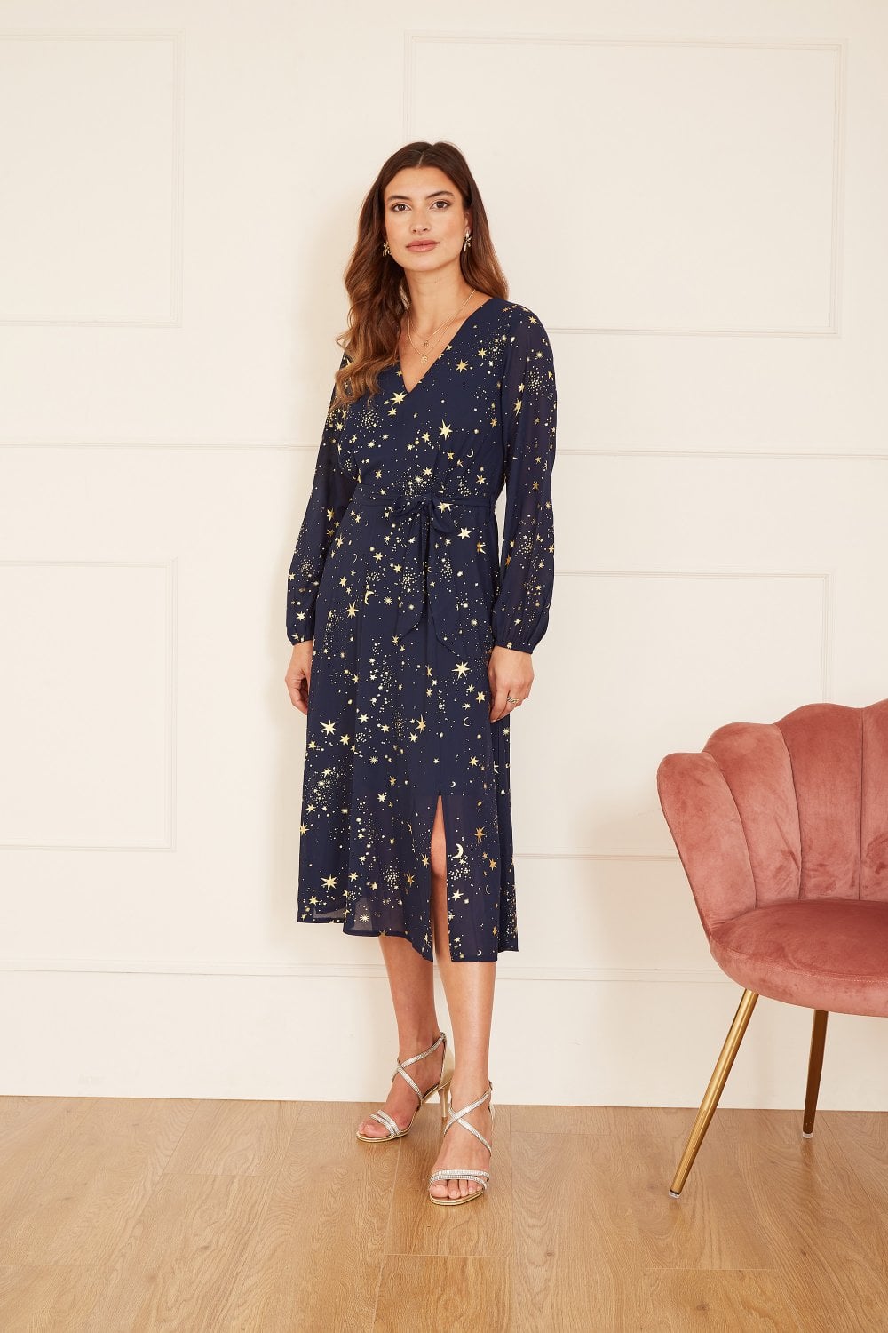 Navy Foil Star Print Long Sleeve Midi - Sizes 8 to 18