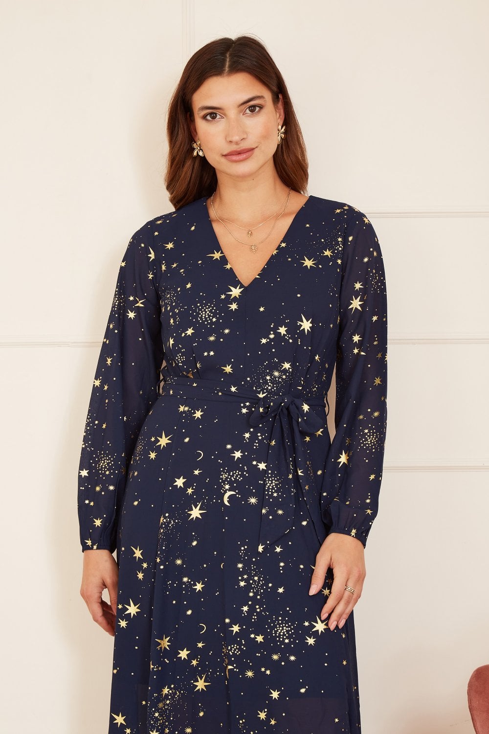 Navy Foil Star Print Long Sleeve Midi - Sizes 8 to 18