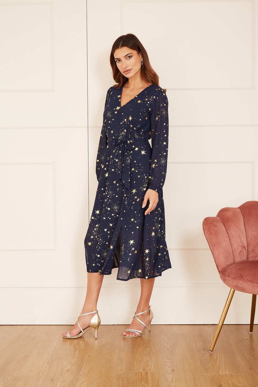 Navy Foil Star Print Long Sleeve Midi - Sizes 8 to 18
