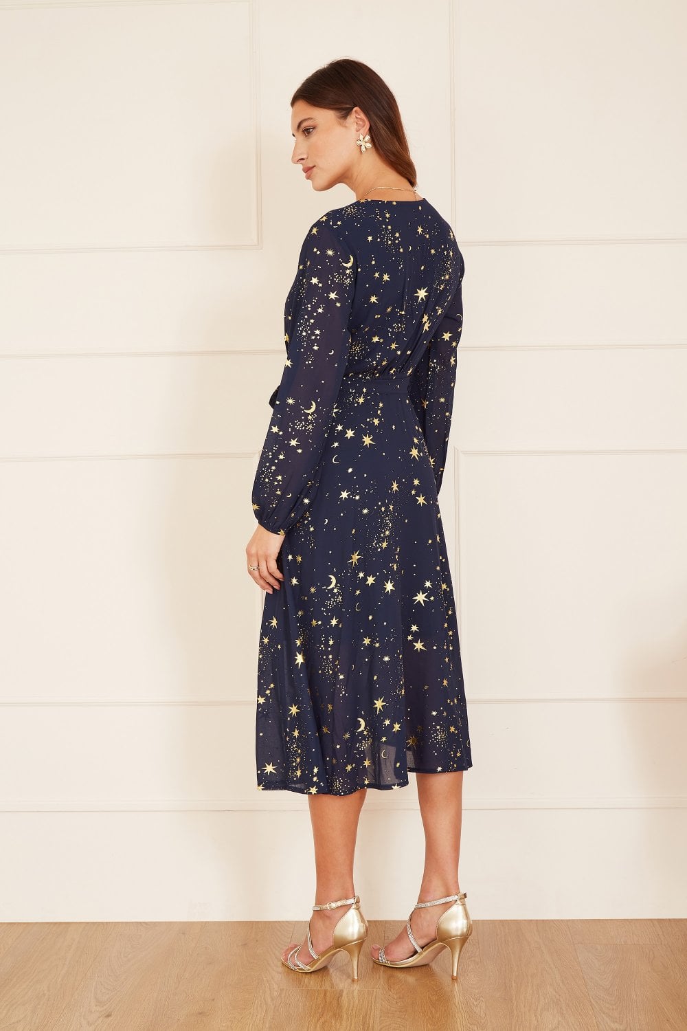 Navy Foil Star Print Long Sleeve Midi - Sizes 8 to 18
