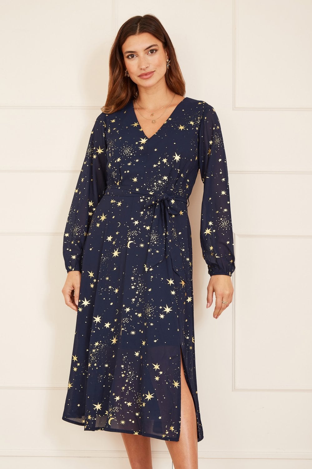 Navy Foil Star Print Long Sleeve Midi - Sizes 8 to 18