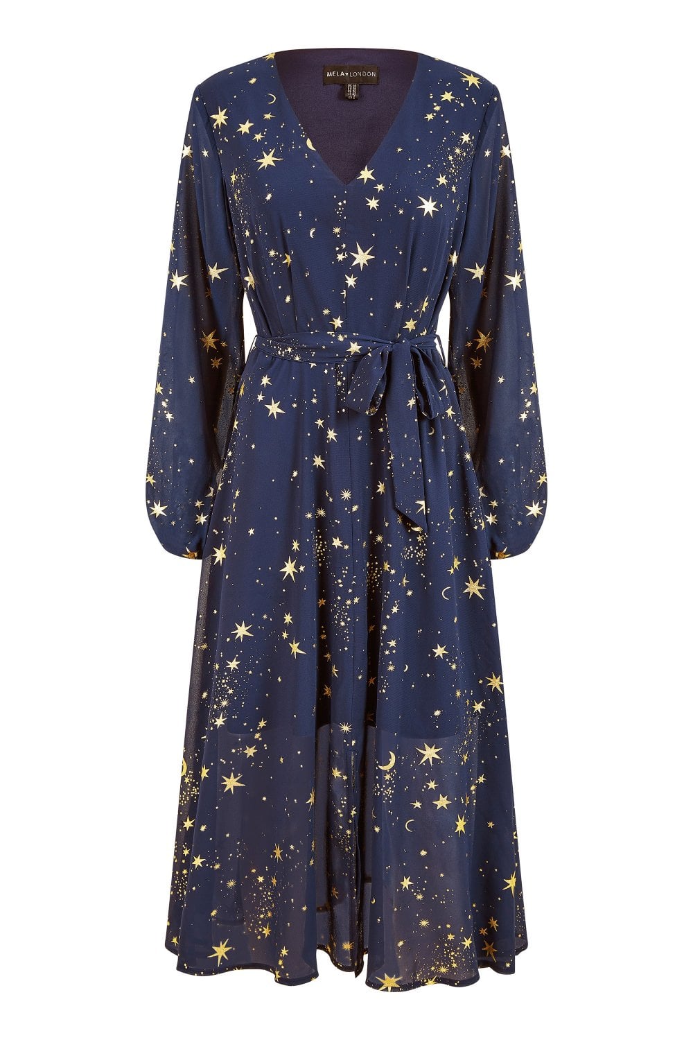 Navy Foil Star Print Long Sleeve Midi - Sizes 8 to 18