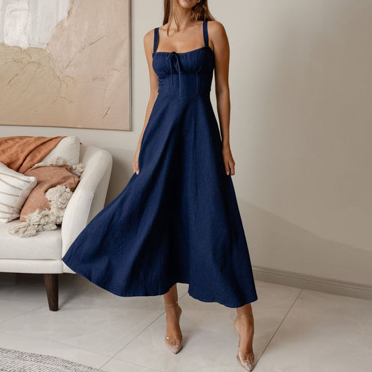 Navy Sleeveless Midi Denim Dress
