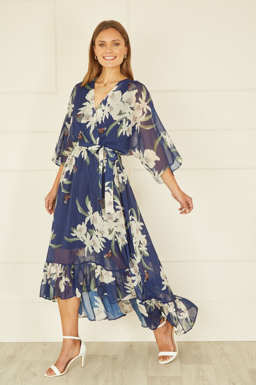 Floral Kimono Sleeves Dip Hem Wrap Midi Dress