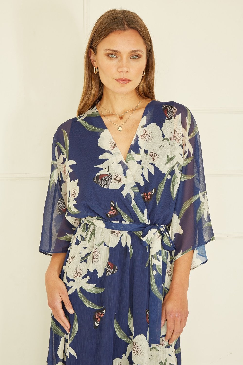 Floral Kimono Sleeves Dip Hem Wrap Midi Dress