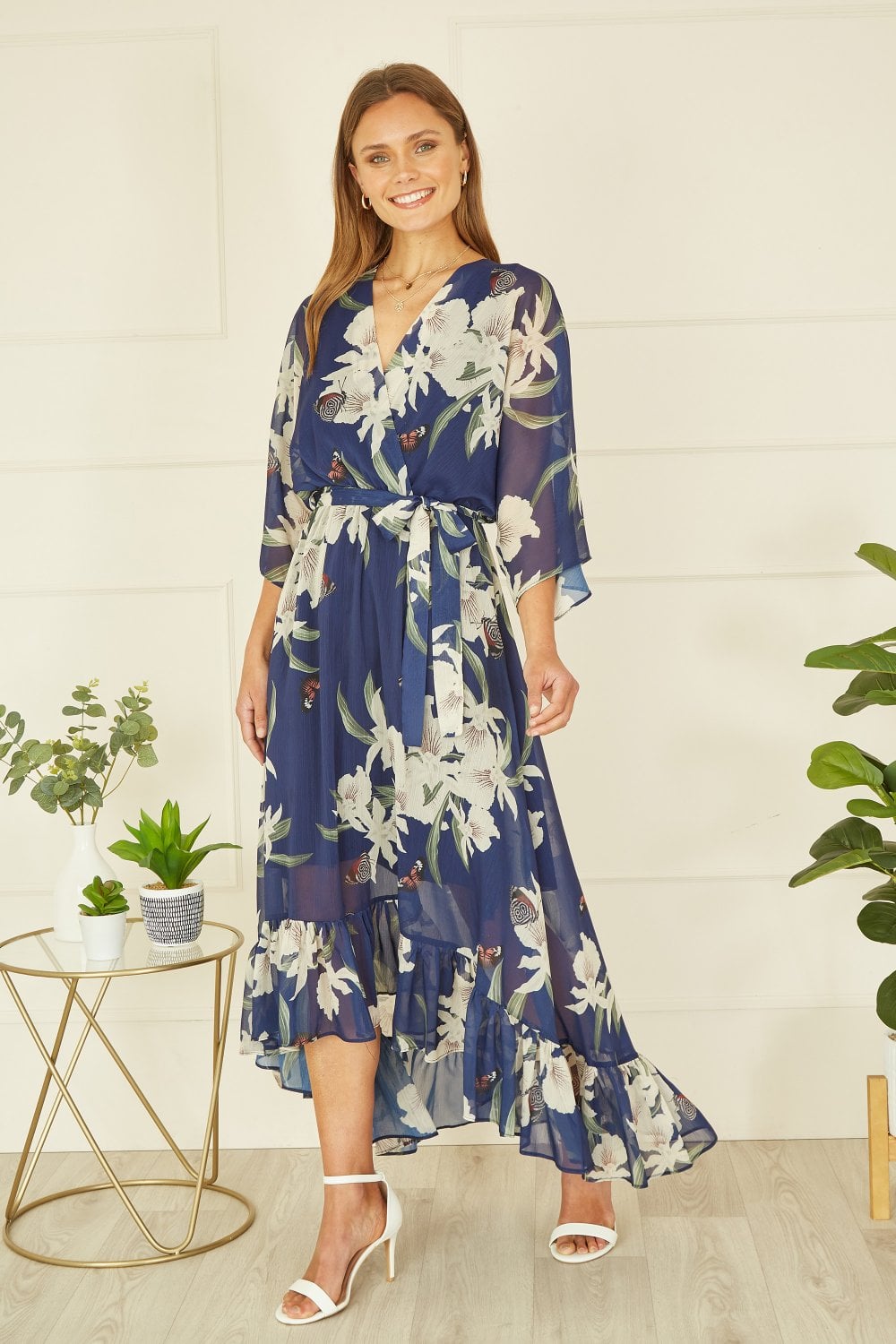 Floral Kimono Sleeves Dip Hem Wrap Midi Dress