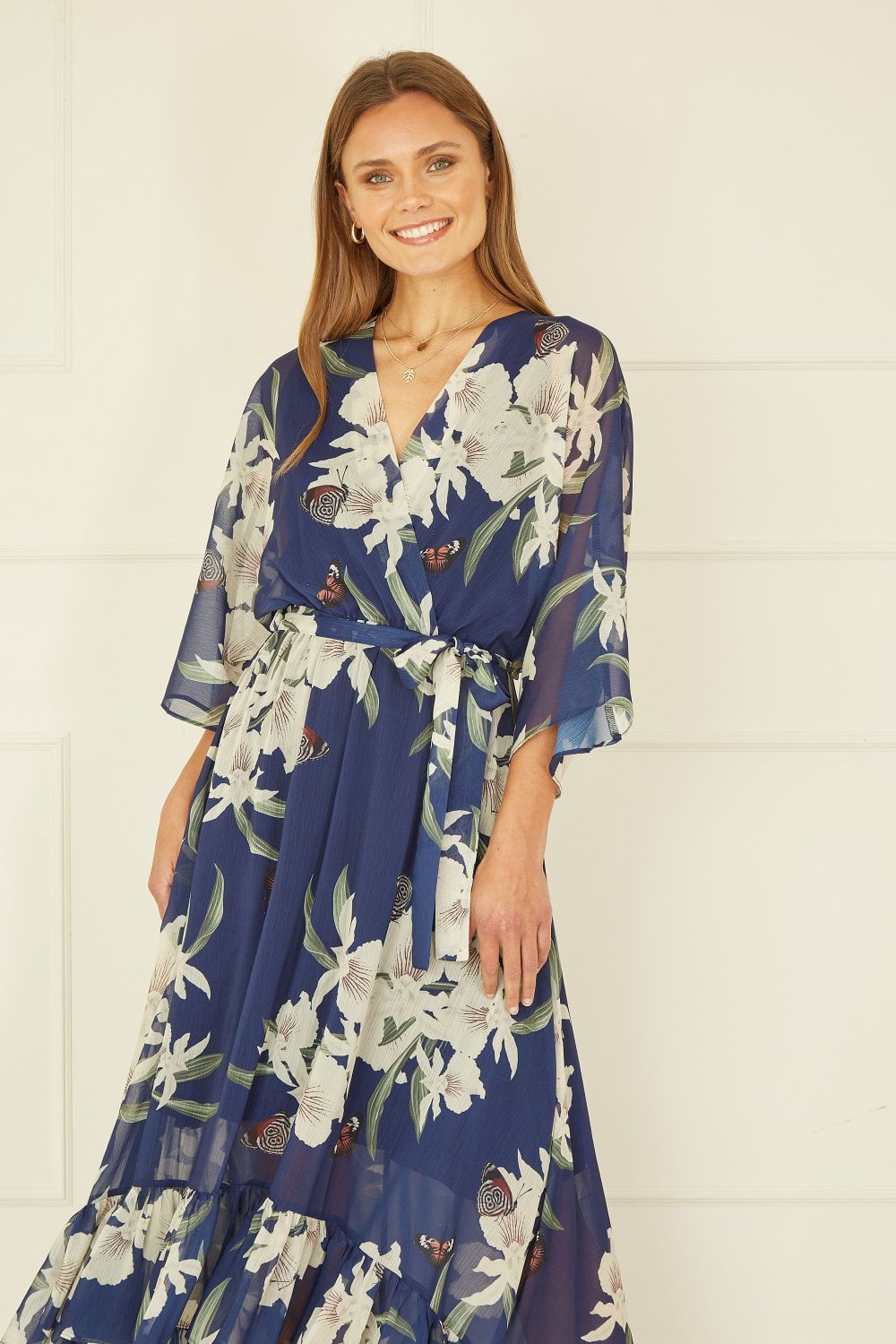 Floral Kimono Sleeves Dip Hem Wrap Midi Dress