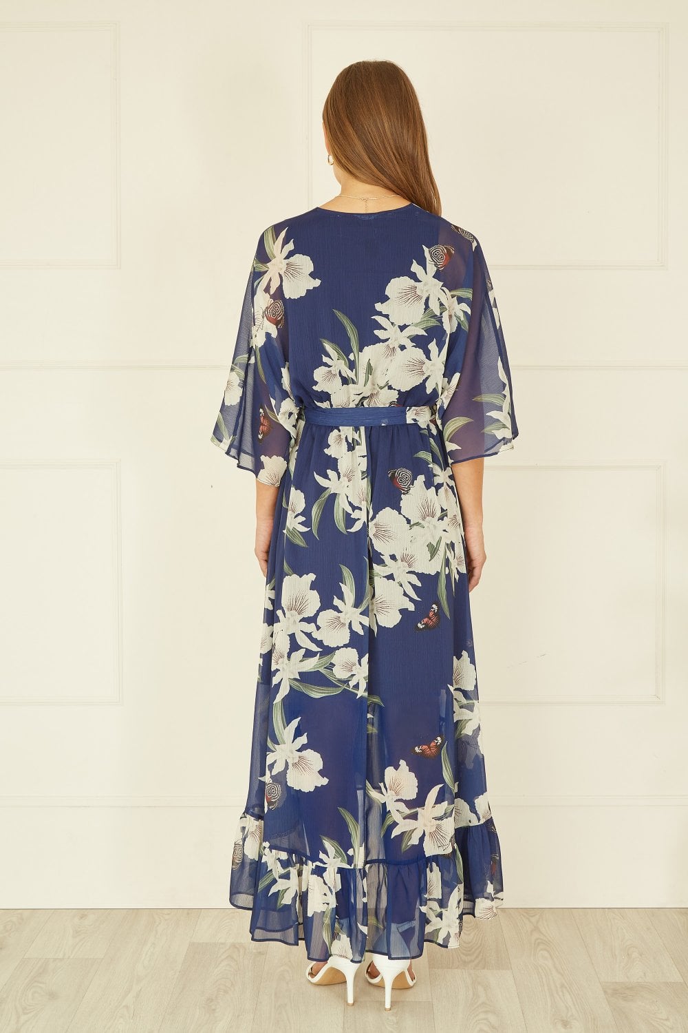 Floral Kimono Sleeves Dip Hem Wrap Midi Dress