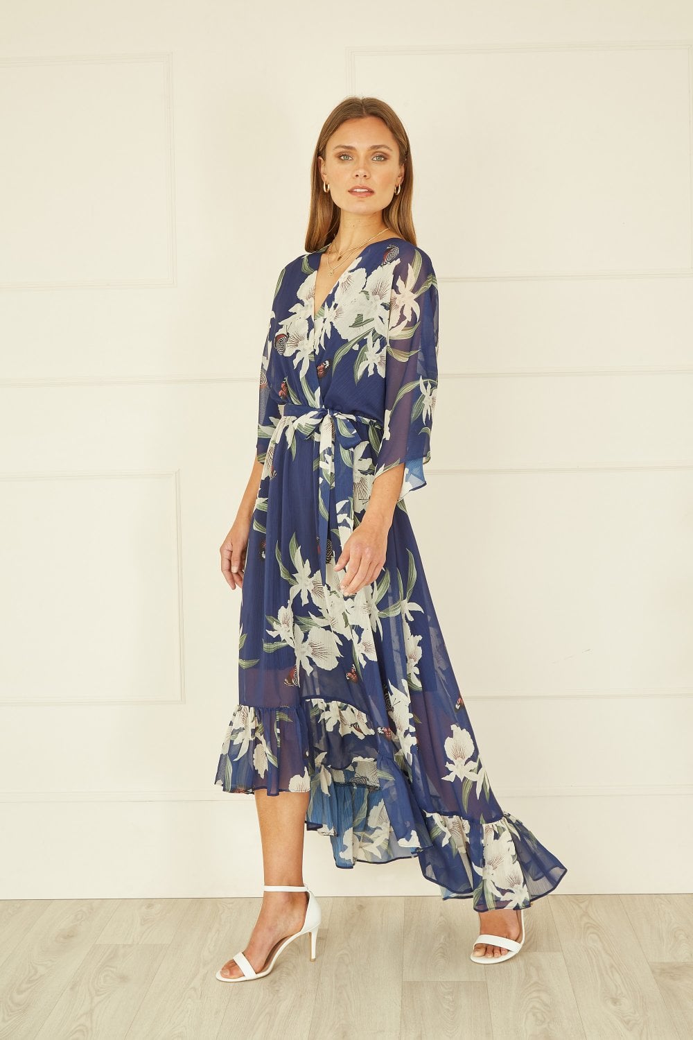 Floral Kimono Sleeves Dip Hem Wrap Midi Dress