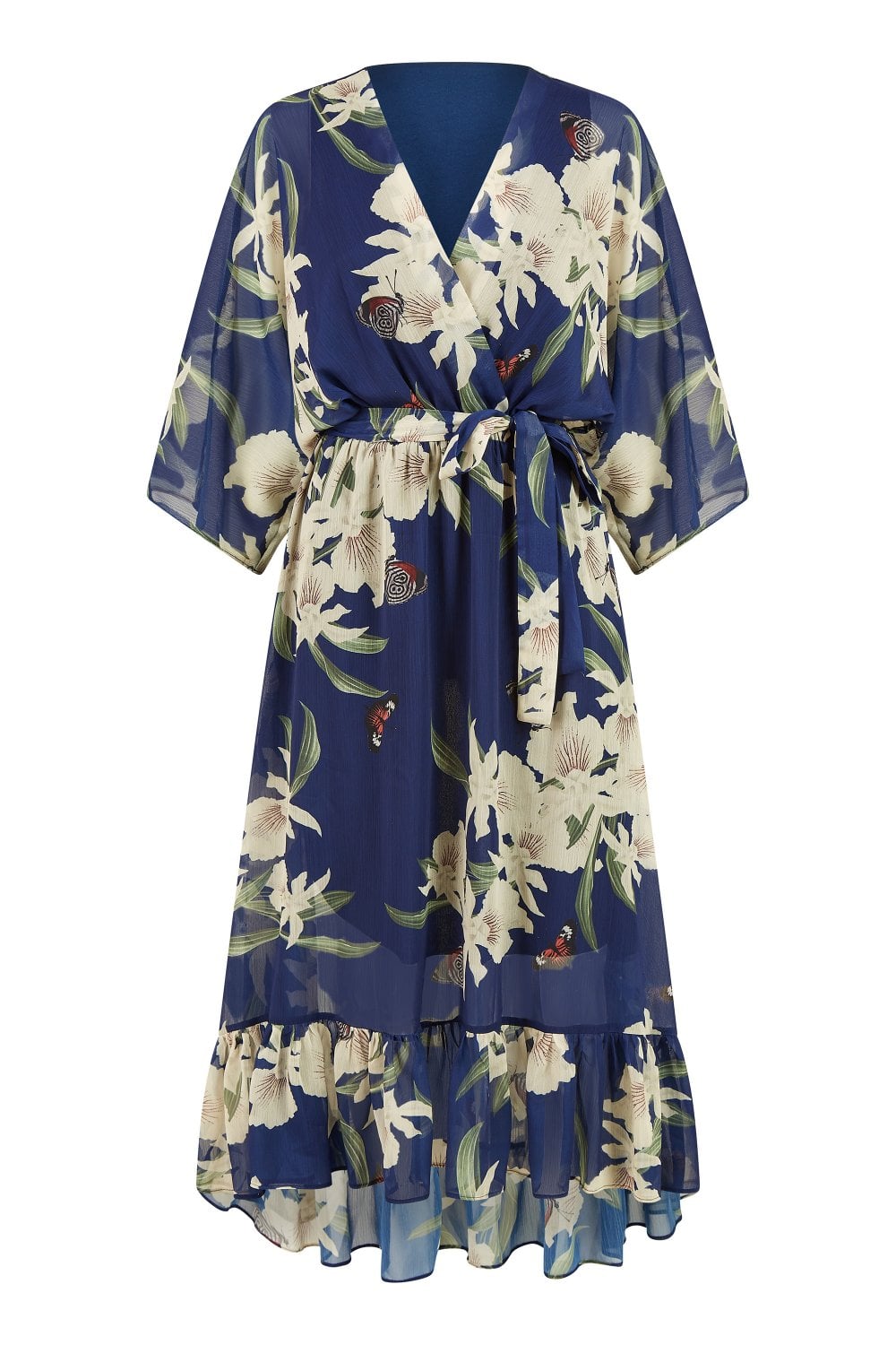 Floral Kimono Sleeves Dip Hem Wrap Midi Dress