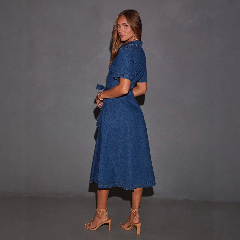 Retro V Neck Midi Denim Dress