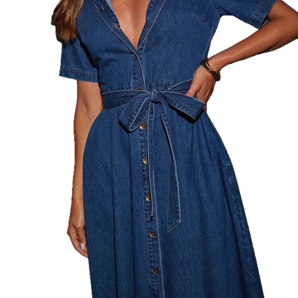 Retro V Neck Midi Denim Dress