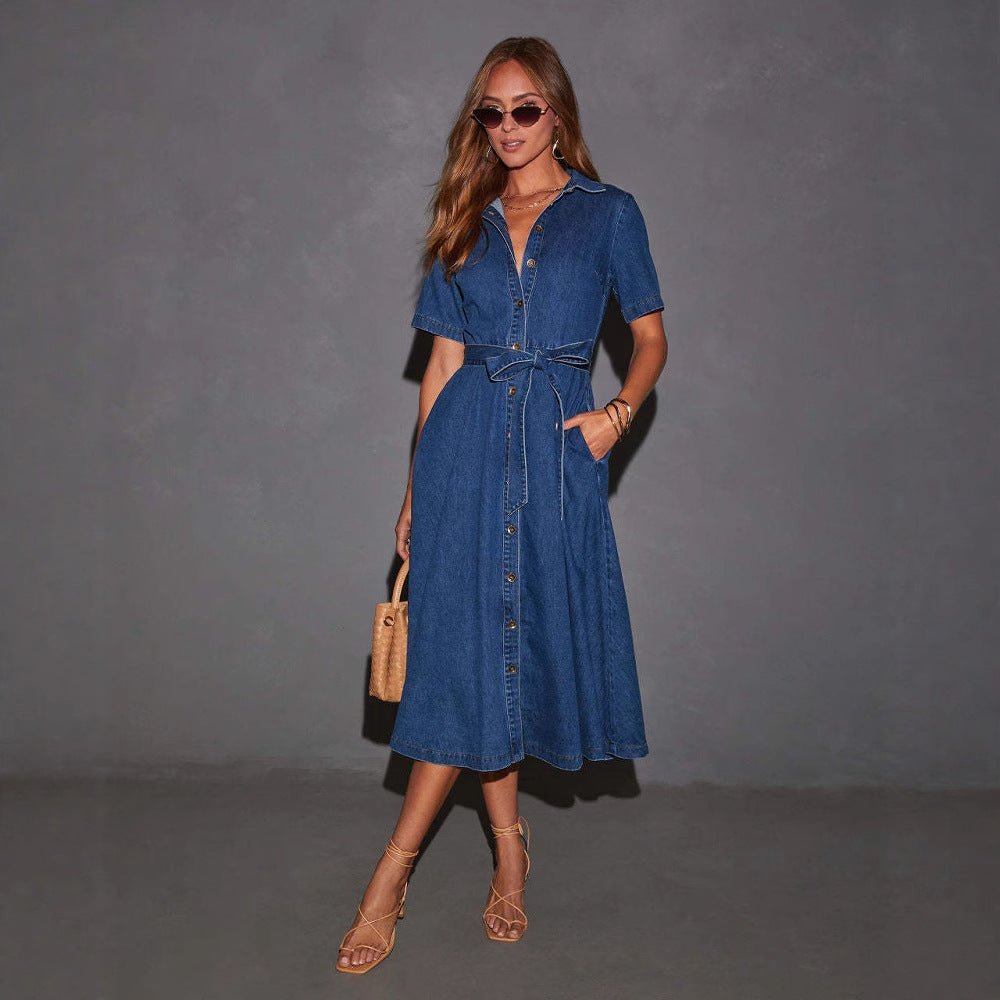 Retro V Neck Midi Denim Dress