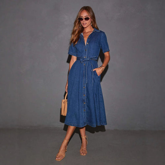 Retro V Neck Midi Denim Dress