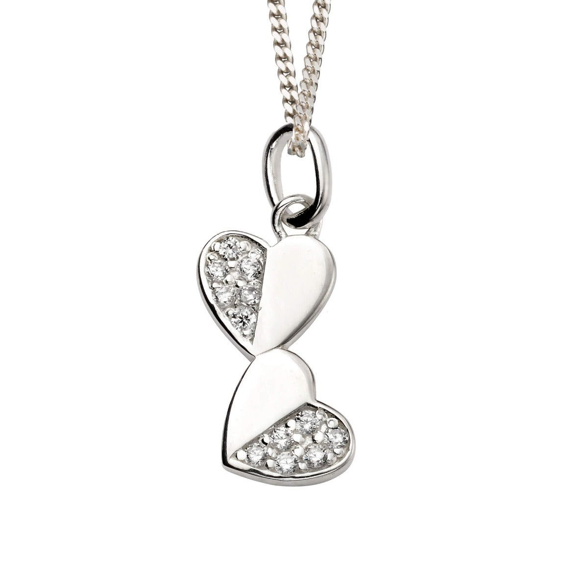 Sterling Silver Double Heart Drop Pendant with Cubic Zirconia